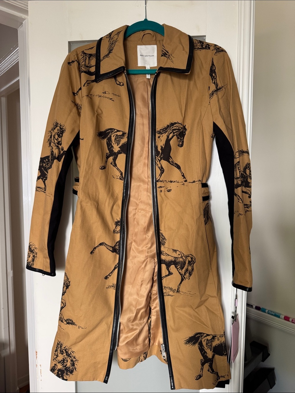 Kensie Tan Trench Coat with Black Horse Print